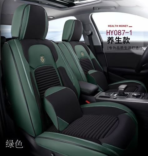 Car Seat Color Ideas, Sage Green Car Seat Covers, Dark Green Car Accessories, Blacked Out Car Interior, Black And Green Car Interior, Emerald Green Car Interior, Dark Green Car Interior, Green Car Interior, Bmw Gt