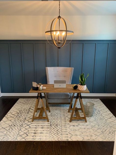 Budget friendly Dinning room decor ideas/ home interior 2022 https://youtu.be/YCdRUgkpeHs Office Board And Batten Wall, Behr Nypd Paint, Board And Batten Office Ideas, Blue Batten Board Walls, Nypd Blue Paint, Board And Batten Wall Blue, Nypd Behr Paint, Board And Batten Office Wall, Navy Blue Board And Batten Wall