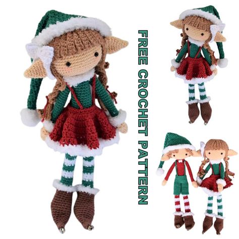 Amigurumi Christmas Elf Free Crochet Pattern - crochet.amgurum.com Christmas Crochet Patterns Free, Christmas Elf Doll, Amigurumi Christmas, Circular Knitting Machine, Christmas Crochet Pattern, Gilet Crochet, Crochet Xmas, Crochet Ornaments, Elf Doll