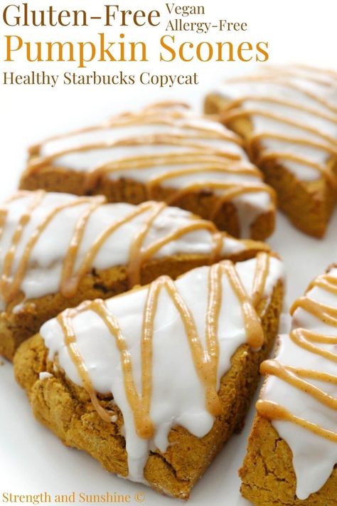 Gluten-Free Pumpkin Scones (Vegan, Allergy-Free) | Strength and Sunshine | These soft and tender Gluten-Free Pumpkin Scones are vegan, allergy-free, perfectly spiced with fall flavors, lightly topped with icing, and a maple pumpkin spice drizzle! These easy homemade scones are a healthy Starbucks copycat recipe that's packed with real pumpkin and perfect for breakfast or dessert right at home! #scones #pumpkinscones #pumpkin #starbucks #glutenfree #vegan Pumpkin Scones Healthy, Scones Vegan, Pumpkin Scones Recipe, Vegan Scones, Gluten Free Scones, Homemade Scones, Healthy Starbucks, Pumpkin Scones, Copycat Starbucks Recipes