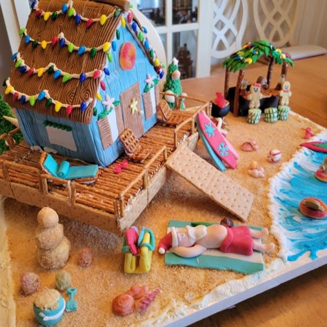 Donut Shop Gingerbread House, Tiki Gingerbread House Ideas, Tiki Gingerbread House, Theme Gingerbread House Ideas, Ocean Gingerbread House, Ginger Bread Beach House, Gingerbread Lake House, Beachy Gingerbread House, Gingerbread House Decorating Competition