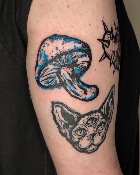 Unleash Your Wild Side with this Blue Mushroom and Cat Tattoo Cat Mushroom Tattoo, Look Tattoo, Blue Meanie, Mushroom Tattoo, Blue Mushroom, Mushroom Tattoos, Blue Tattoo, Healing Tattoo, Unique Tattoo Designs