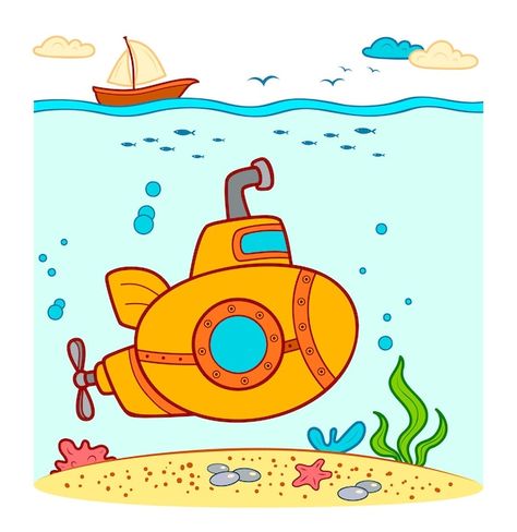 Underwater Drawing For Kids, Submarine Clipart, Submarine Illustration, Submarine Underwater, Cartoon Submarine, Submarine Cartoon, Underwater Submarine, Submarine Drawing, Submarine Craft