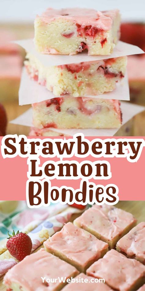 These Strawberry Lemon Blondies are thick, chewy, sweet, filled with fresh strawberries, and covered in a layer of pink strawberry and lemon icing. They’re the perfect spring and summer treat to serve for just about any occasion. #thecarefreekitchen #blondies #brownies #strawberry #summer #dessertbars #strawberryfrosting Strawberry Lemon Blondies, Lemon Blondies, Easy Strawberry Desserts, Blondies Recipe, Strawberry Lemon, Fresh Strawberries, Best Dessert Recipes, Strawberry Recipes, Banana Pudding