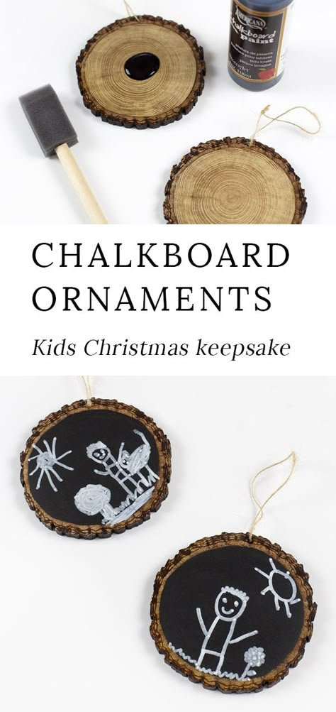 These Easy Keepsake Chalkboard Ornaments are guaranteed to make your heart swoon every holiday season. Made with wood slices, chalkboard paint, and your child's drawings, they are the perfect Christmas gift for moms, grandparents, and teachers. #ornaments #chalkboard #kids #crafts Chalkboard Ornaments, Ornaments For Kids To Make, Diy Gifts For Christmas, Chalkboard Ornament, Ornaments For Kids, Wood Projects For Kids, Teacher Ornaments, Christmas Crafts For Kids To Make, Diy Gifts For Mom