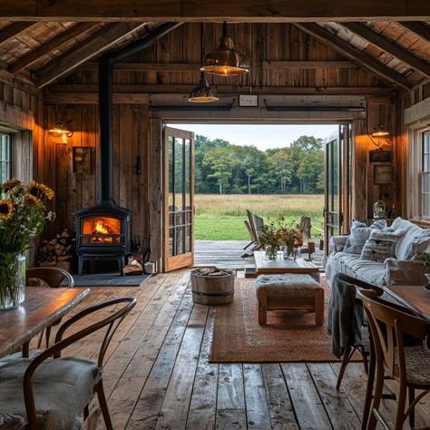 Cozy rustic cabin interior with wood-burning stove, nature-themed decor, and seating area. Log Cabin Loft, Cozy Rustic Cabin, Cozy Cabin Interior, Rustic Cabin Interior, Rustic Mountain Cabin, Beam House, Peaceful Green, Grandma House, Cozy Seating Area