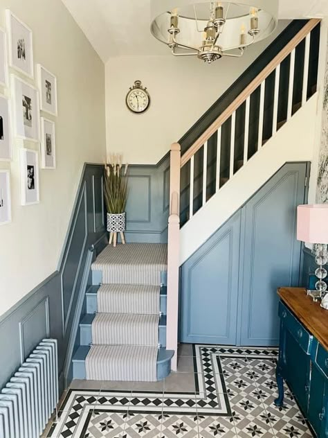 Blue Woodwork Hallway, Blue Stair Panelling, Navy Blue Staircase, Blue Panelling Hallway, Teal Staircase, Stairwell Paneling, Blue Bannister, Colourful Stairs, Blue Hallway Ideas