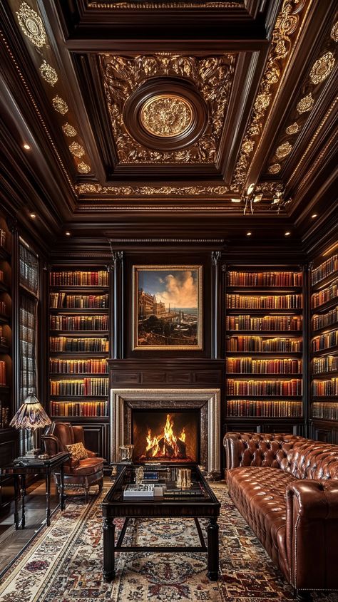 "Elegant Library Interior: Elegant traditional library room with a cozy #fireplace, ornate dark wood #bookshelves, and classical architectural details. #library #elegant #interiordesign #architecture #homedecor #cozyvibes #luxurylifestyle #classicdesign ⬇️ Download and 📝 Prompt 👉 https://stockcake.com/i/elegant-library-interior_1243893_487695" Classic Library Design, Victorian Library Aesthetic, Old Money Library, Dark Wood Bookshelves, Classic Home Library Design, Elegant Library, Ornate Fireplace, Mahogany Library, Classic Rooms