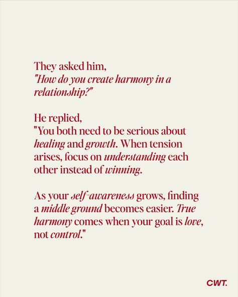 Want to create harmony in your relationship? Focus on understanding, healing, and growth rather than control. Love thrives when both partners prioritize middle ground over being “right.” 💞 #HealthyRelationships #EmotionalIntelligence #LoveWisely Healing Relationships, Self Awareness, Emotional Intelligence, Healthy Relationships, Healing, Pins