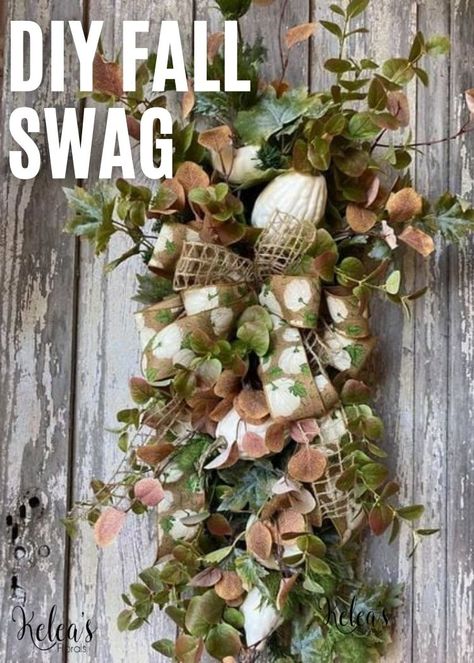 How To Make Swags, How To Make A Fall Swag, Fall Swags For Front Door Diy, Yardstick Door Swag Tutorial, Fall Swags For Front Door, Diy Swag Wreath, How To Make Fall Swags For Front Door, Rustic Door Swag, Fall Floral Swag