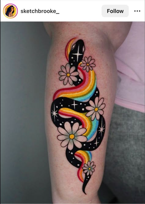 Creepy Kawaii Tattoo Ideas, 3 Color Rainbow, Snake Cute Tattoo, Colored In Tattoos, New School Style Tattoo, Unique Rainbow Tattoo, Vibrant Color Tattoos, Colorful Ankle Tattoos For Women, Rainbow Snake Tattoo