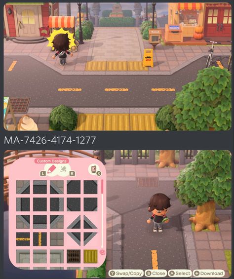 Acnh Citycore Path, Acne Road Code, Animal Crossing Road Pattern, Acnh Road With Sidewalk, Animal Crossing Crosswalk, Road Custom Design Animal Crossing, Acnh Path Codes City, Road Code Animal Crossing, Citycore Aesthetic Acnh