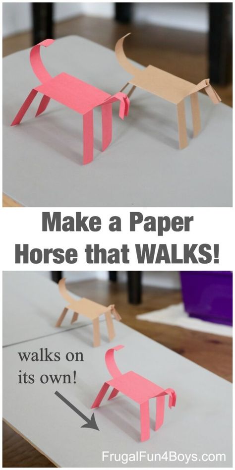 Make a Paper Horse that WALKS! - Frugal Fun For Boys and Girls Paper Horse That Walks, Arts And Craft Activities For Middle School, Walking Paper Horse Craft, Walking Horse Craft, Walking Paper Animal, Stem With Paper, Horse Stem Activities, Stem Paper Challenge, Quick And Easy Stem Activities