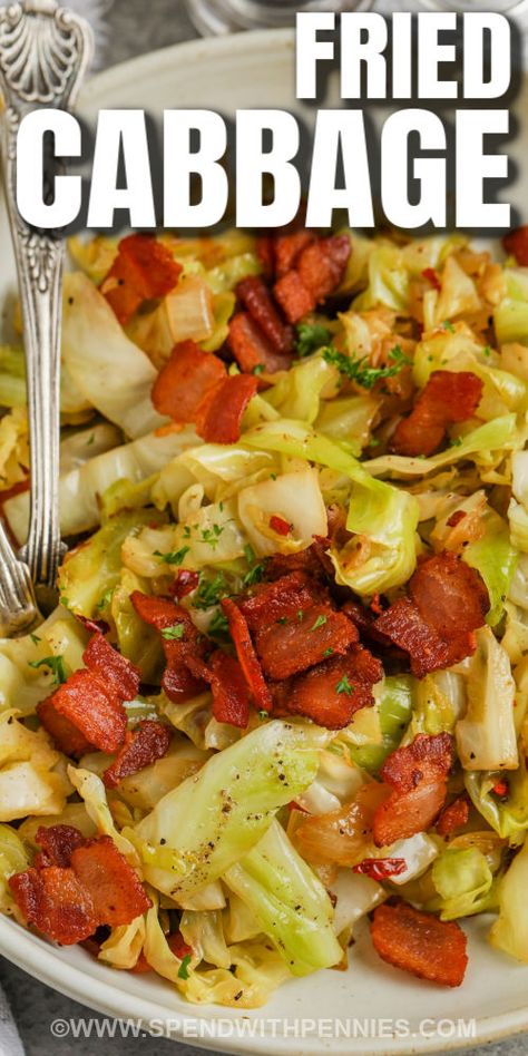 Fried Cabbage with bacon is so easy to make and it's keto too! For a high protein entree, stir some pork or sausage into this recipe. It's easy to mix things up by adding beef, rice, red or Napa cabbage, or even rice or Chinese noodles. This southern-style favorite is so easy to make into a signature recipe. #friedcabbage #withbaconandonion #recipeseasy #spendwithpennies Cooked Cabbage Recipes, Fried Cabbage With Bacon, Cabbage Sausage, Meal Sides, Fried Cabbage With Sausage, Cabbage With Bacon, Fried Cabbage Recipes, Southern Fried Cabbage, Bacon Fried Cabbage