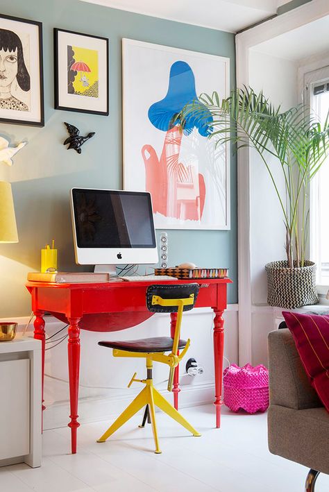 How to Organize Your Office: 20 Clever Ideas | StyleCaster Mehndi Kids, Colorful Home Office, Yellow Office Chair, Burgundy Room, Home Office Decor For Women, Yellow Office, Red Desk, Cheap Office Chairs, Designs Mehndi