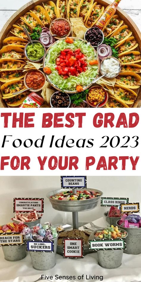 The Best Graduation Party Food Ideas in 2023 To Serve High School Graduation Pizza Party, Senior Graduation Party Food, Snack Ideas For Graduation Party, Outdoor Graduation Party Ideas High School Food Taco Bar, Graduation Party Lunch Ideas, Healthy Graduation Party Food, Promotion Ceremony Food, Best Food For Graduation Party, Simple Graduation Food Ideas