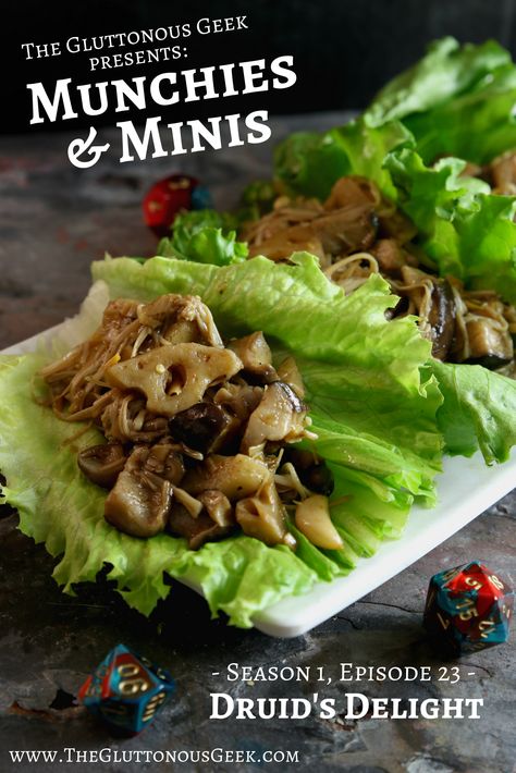 Druid 's Delight Lettuce Cups inspired by Dungeons & Dragons. Recipe by The Gluttonous Geek. Druid Recipes, Dnd Recipe Ideas, Dungeons And Dragons Recipes, Dnd Meals, Dnd Food Party Ideas, Dungeons And Dragons Food, Dnd Recipes, Circle Of Spores Druid, Viking Bar