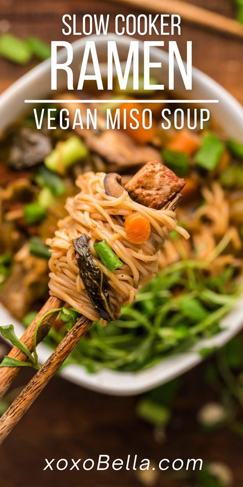 Tasty, warming and bursting with hearty Asian flavours, slow cooker vegan miso ramen soup is a simple dish to prepare. This crock pot ramen soup pairs tofu as the protein with a range of fresh veggies like celery, carrot, bok choy and mushrooms. As well, there is sesame oil, chilli sauce, garlic, and more, for a robust flavour. You will love this easy slow cooker ramen soup with tofu recipe. So if you're wondering how to make a vegan crock pot ramen soup, try this recipe! #ramen #crockpot #tofu Crockpot Tofu, Crock Pot Ramen, Slow Cooker Ramen, Vegan Miso Ramen, Miso Ramen Soup, Soup With Tofu, Slow Cooker Vegan, Vegan Miso Soup, Vegetarian Ramen