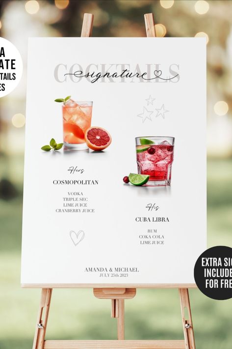 This Signature Cocktail Sign includes a list with 230 popular wedding signature drinks and cocktails recipes with ingredients and measurements, so you can create and mix your favorite signature cocktail.

It also includes 300 high resolution drink images. Cocktail List Wedding Sign, Gin Signature Cocktail Wedding, Cocktail Sign Wedding, Wedding Bar Menu Template, Signature Wedding Drinks Sign, Signature Cocktails Wedding, Signature Cocktail Sign, Wedding Signature Drinks, Cocktail List