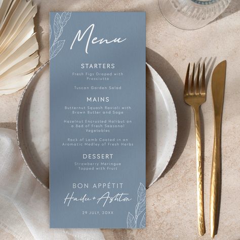 "This Dusty Blue Wedding Menu Card with Drinks Menu is a fully editable template. Dusty blue wedding colors and clean modern fonts make this menu card and drinks card pair well with gold and silver colors. The wedding table menu card can be printed double-sided or separately.  If you need any help editing, please message me. This dusty blue wedding table menu card is available in size: 4x9\" ➡️ Custom sizes available (please message me if you need it in a different size). ✔️ Fully editable wording, font and colors ✔️ Edit colors of elements and background ✔️ Edit ➡ Save ➡ Download ➡ Print! PLEASE NOTE - - - - - - - - - - - * This is a digital template, which can be edited in your browser on your computer.  NO physical product will be delivered.  * Once you finish editing it, it can easily Wedding Invitation Cards Dusty Blue, Blue Wedding Menu Cards, Dusty Blue Wedding Tables, Dusty Blue And Gold Wedding, Clean Modern Fonts, Dusky Blue Wedding, Minimalist Wedding Table, Wedding Table Menus, Blue Menu