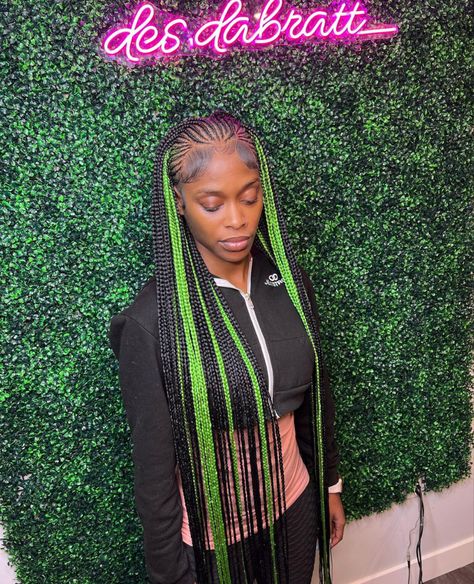 Lime Green Knotless Braids, Green Knotless Braids, Green Knotless, Fulani Hairstyles, Green Dyed Hair, Corn Rows, Protective Braids, Beautiful Black Hair, Feed In Braids Hairstyles