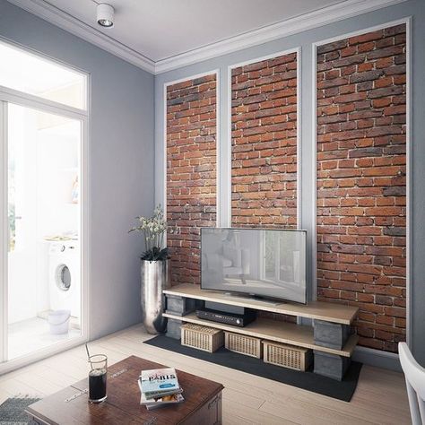 4 First Home Interior Ideas With A Scandinavian Twist Brick Tv Wall Ideas, Living Area Interior Design, Grey Panelling, Living Area Interior, Grey Wooden Floor, Brick Living Room, Wooden Shelving, Home Recording Studio Setup, Light Wooden Floor