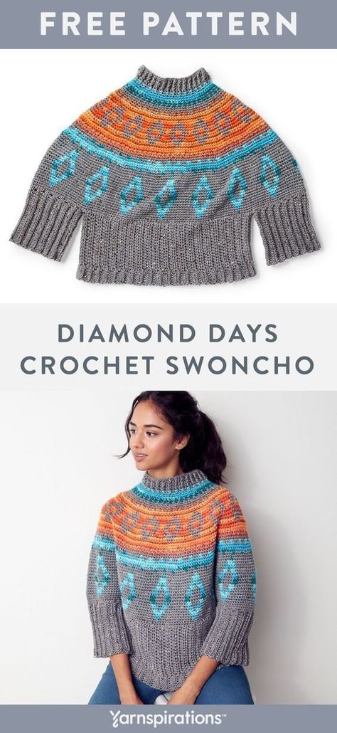 Free crochet pattern using Caron Simply Soft yarn. Free Diamond Days Crochet Swoncho pattern. The gorgeous colorwork on this crochet swoncho is a true delight to both make and wear. #yarnspirations #freecrochetpattern #crochetsweater #crochetswoncho #yokesweater #caron #caronyarn #caronsimplysoft Crochet Swoncho, Caron Yarn, Caron Simply Soft, Crochet Sweaters, Crochet Shawls, Crochet Clothing, Crochet Woman, Free Crochet Patterns, Crochet Shawl