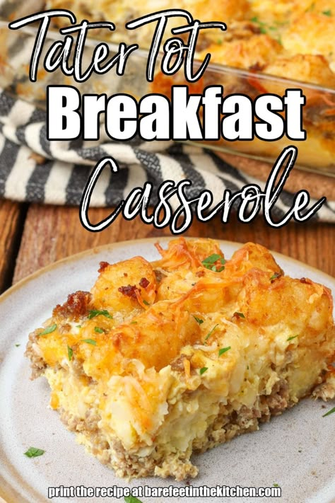 Tater Tot Breakfast Casserole Tot Breakfast Casserole, Tater Tot Breakfast Casserole, Breakfast Casserole Bacon, Breakfast Bakes, Breakfast Enchiladas, Tater Tot Breakfast, Fluffy Eggs, Tot Casserole, Tater Tot Casserole