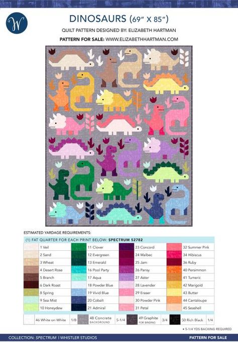 Dinosaurs (69 x 85) Elizabeth Hartman Quilts, Dragon Quilt, Dinosaur Quilt, Elizabeth Hartman, Quilt Shops, Quilting Designs Patterns, Fabric Stores, Cute Sewing Projects, Rainbow Quilt