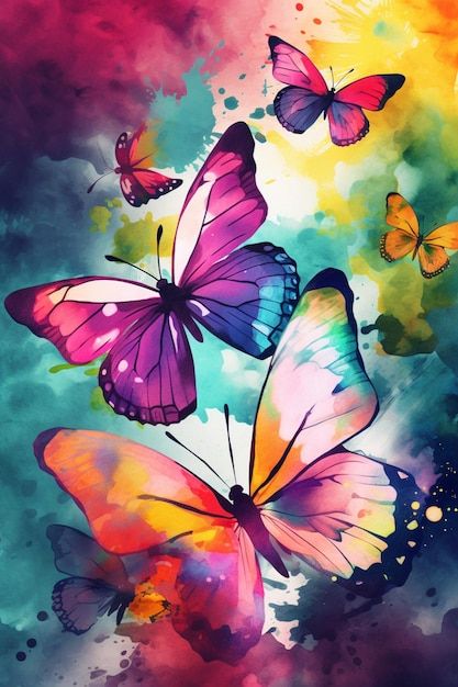 Une peinture de papillons avec un fond bleu et le mot papillon dessus. | Photo Premium Whimsical Paintings, A N Wallpaper, Evening Wear, Creative Art, Clip Art, Illustrations, Living Room, Halloween, Quick Saves