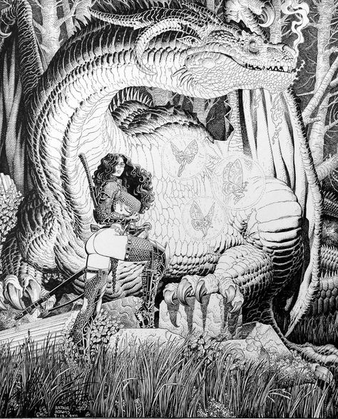 Huge #dragon and female warrior Miss Hulk, Arthur Adams, Black And White Artwork, Bd Comics, Pulp Art, Black White Art, Arte Fantasy, 판타지 아트, Comic Book Artists