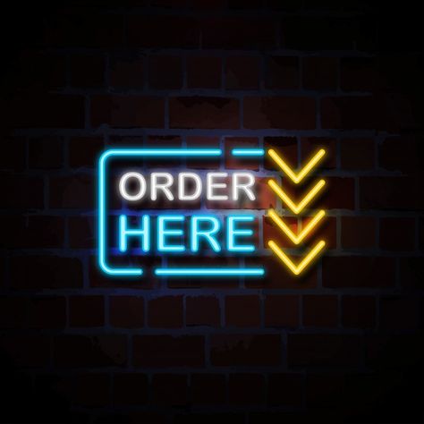 Order here neon style sign illustration | Premium Vector #Freepik #vector #background #banner #frame #vintage Order Here Sign Design, Order Now Logo, Order Here Sign, Tiber River, Banner Frame, Pos Design, Logo Online Shop, Sign Illustration, Neon Quotes