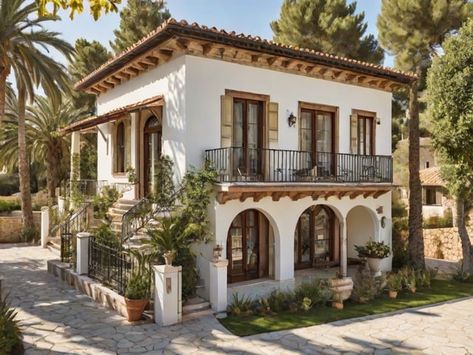 Mediterranean House with Garden and Stairs - Design Ideas AI Mediterian Houses Spanish Style, Mediterranean Apartment Exterior, Spanish Mediterranean Homes Exterior, Mediterranean House Interior Design, Small Mediterranean Homes, Mediterranean Cottage, Mediterranean Revival Architecture, Mediterranean House Interior, House With A Garden