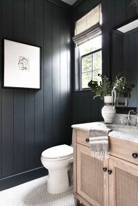 How to Create a Dark Vertical Shiplap Accent Wall DIY | Hometalk Shiplap Bathroom, Bad Inspiration, Powder Room Design, Building A New Home, Bathroom Renos, Room Remodeling, Ship Lap Walls, Black Bathroom, Black Walls