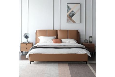 ALESSANDRO luxurious Leather Bed Frame King/ Carbon steel legs Leather Bed Back Design, Bed Headboard Ideas Modern, Leather Headboard Bedroom, Brown Leather Bed, Leather King Bed, Nighttime Reading, Leather Beds, Leather Upholstered Bed, Bed Back Design