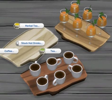 Types Of Drinks, Drink Tray, Drinks Tray, Bar Drinks, Sims 4 Mods, Wine Drinks, Herbal Tea, Rustic Wood, The Sims