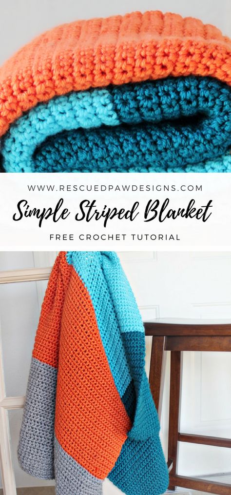 Simple Color Blocked Crochet Blanket Pattern ⋆ Rescued Paw Designs Crochet by Krista Cagle Easy Crochet Striped Blanket, Simple Striped Crochet Blanket, Four Color Crochet Blanket, Crochet 3 Color Blanket, Simple Crochet Blankets, Crochet Blanket Patterns Easy Simple, Tri Color Crochet Blanket, Single Crochet Blanket Pattern Free, 2 Color Crochet Blanket Pattern Free