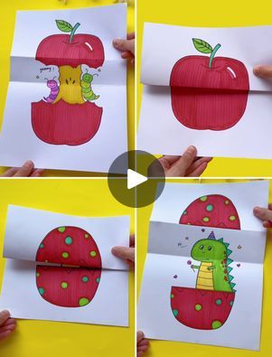 Creative Drawing Ideas for Kids | drawing | Learn To Draw Cool Folding Surprise | By Kidpid | Everybody, welcome back to our
Facebook page. Look at the beautiful surprise drawing.
Let's make it. Take a white sheet of paper. Draw the shape
of an apple like this. Now we are going to open the drawing
and complete it. We are drawing two warms eating the apple like
this and look we are drawing the worms now and it is ready.
Now colour it. We are going to colour the apple red and look
your beautiful drawing is ready. Let's draw the surprise
drawing. Take a white sheet of paper, fold it. Now we are
drawing an egg here and then open it and complete the
drawing. We are going to draw a dinosaur inside it. Then we are
going to make its pointy edges and colour it green like this.
Complete the drawing. Paper Folding Drawing, Folded Surprise Drawing, Surprise Folding Paper Drawing, Folded Paper Drawing, Folding Surprise Drawing, Folding Drawing, Surprise Drawing, Folding Surprise, Complete The Drawing