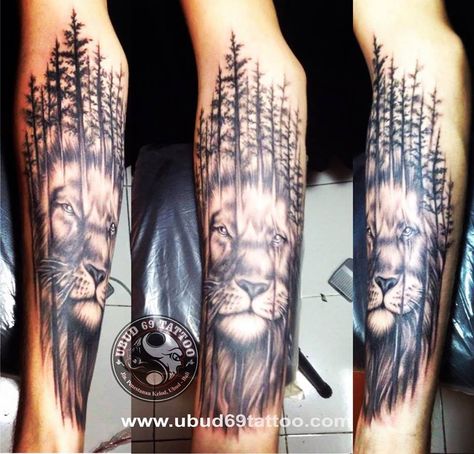 lion and tree tattoo, ubud 69 tattoo Tree Lion Tattoo, Lion With Trees Tattoo, Lion And Forest Tattoo, Lion Forest Tattoo, Forest Lion Tattoo, Lion And Tree Tattoo, Lion Tree Tattoo, Rocco Tattoo, Oliver Tattoo