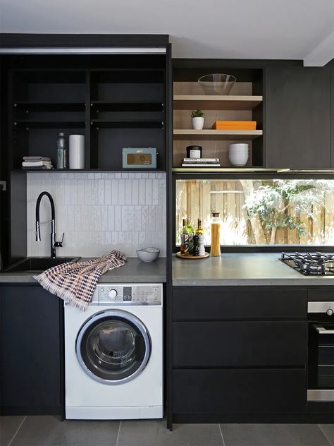 6 Ways to Make a Washer and Dryer in Your Kitchen Look Like It Belongs Summer Hill, White Laundry, Laundry Room Cabinets, Washing Machine In Kitchen, White Appliances, Kitchen Counter Decor, Counter Decor, Kitchen Designs Layout, Feeling Inspired