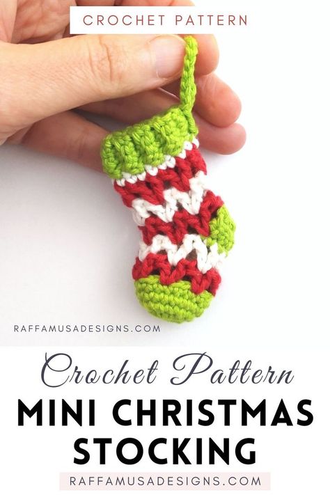 a crocheted mini Christmas stocking ornament Market Crafts, Holiday Crochet Patterns, Crochet Christmas Ornaments Free, Mini Christmas Stockings, Crochet Ornament Patterns, Christmas Crochet Patterns Free, Crochet Stocking, Crocheted Christmas, Crochet Christmas Stocking