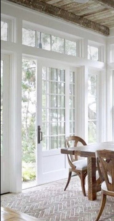 French Doors To Front Porch, Window Styles For Homes Farmhouse, Great Room French Doors, Eat In Kitchen With Sliding Glass Door, Sunroom With French Doors, Beach House Sliding Glass Doors, Dining Room French Doors To Outside, Sunroom Door Ideas, Dining Room With French Doors To Patio