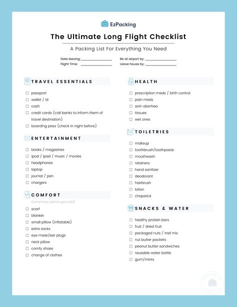 Are you looking for a perfect ultimate long flight checklist? Click this post to download your FREE checklist and learn tips on how to pack. 9 Hour Flight Essentials, Travel Essentials Long Flights, Work Travel Essentials, Plane Essentials, Flight Checklist, Long Haul Flight Essentials, Long Flight Tips, Bridal Advice, Travel Packing Essentials