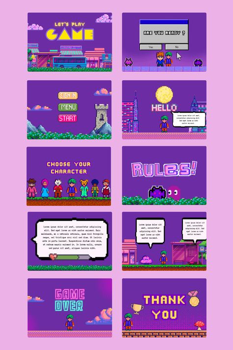 Download here or click link above :  https://www.canva.com/templates/EAGXY8zmOK0-purple-pink-illustration-pixel-game-presentation/  #presentation #template #canva #games #free  #retro #pexel #creative Game Presentation, Canva Inspiration, Pink Illustration, Presentation Design Layout, Pixel Game, Photo Collage Maker, Pixel Games, Marketing Logo, Collage Background