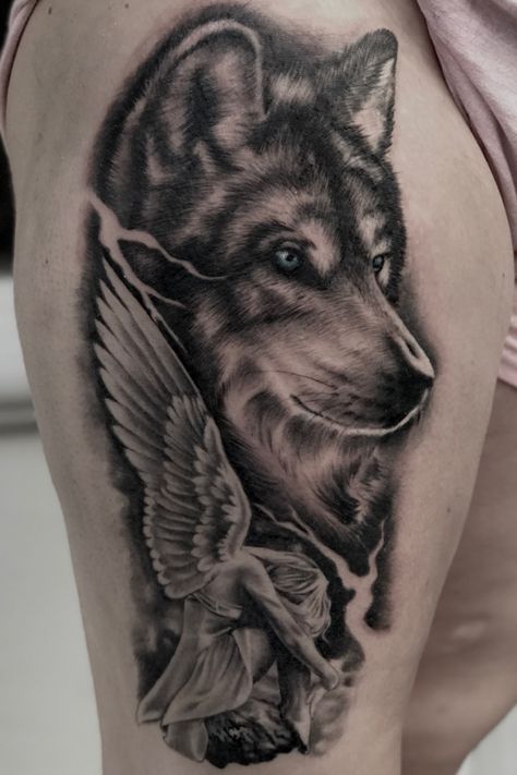 Father Daughter Wolf Tattoos, Wolf Tattoo Ideas For Women Half Sleeves, Tattoos For Women Dog, Wolf And Angel Tattoo, Christian Wolf Tattoo, Wolf Rib Tattoo, Wolf With Wings Tattoo, Wolf And Eagle Tattoo, Wolf Angel Tattoo