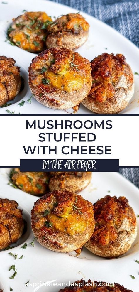 A super easy and delicious appetizer recipe made in the air fryer. Mushroom caps stuffed with cheesy, buttery breadcrumbs are always a crowd favorite! Stuffed Mushrooms Air Fryer, Mushroom Caps Stuffed, Mushrooms Air Fryer, Mushroom Cap Recipes, Crescent Roll Veggie Pizza, Air Fryer Cheese, Crab And Artichoke Dip, Cheese Stuffed Mushrooms, Mushroom Caps