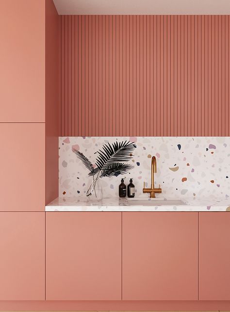 Pink Terrazzo Kitchen, Pink White Kitchen Ideas, Peach Kitchen Ideas, Peach Kitchen Walls, Terrazzo Splashback, Peach Kitchen Cabinets, Dusty Rose Kitchen, Kitchen With Terrazzo, Terrazzo Tile Kitchen