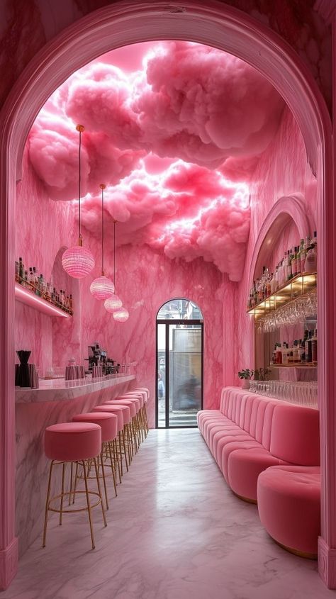 Marble Ice Cream, Ice Cream Store Interior Design, Cafe Interior Ideas Creative, Pink Bar Ideas, Girly Restaurant Interior, Pastel Pink Interior Design, Pink Cloud Ceiling, Dessert Interior Design, Cloud Interior Design