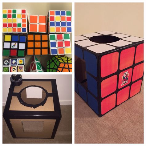 DIY Rubik's cube costume...black duct tape, colored cardstock, 18x18 shipping box and hot glue Runic Cube Costume, Diy Rubiks Cube Costume, Rubiks Cube Halloween Costume, Rubies Cube Costume, Rubik’s Cube Costume, Rubiks Cube Costume, Halloween Yard Decorations Diy, Crazy Halloween Costumes, Box Costumes