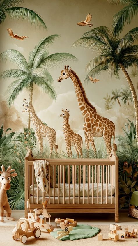 A serene gender-neutral nursery with a jungle mural, wooden crib, stuffed animals, and pastel green and beige decor. Light Brown Walls, Whimsical Mural, Adorable Stuffed Animals, Nautical Theme Nursery, Gender Neutral Nursery Design, Wooden Crib, Nursery Design Neutral, Jungle Themed Nursery, Wooden Cribs